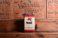 MOBIL: An early Mobil Vacuum Oil Company square oil tin with embossing to top, 25cm high - 3