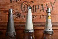 OIL POURERS: A half litre and two pint oil bottles with tin pourers, including Shell - 2