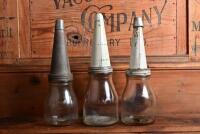 OIL POURERS: A half litre and two pint oil bottles with tin pourers, including Shell - 6
