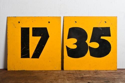 COMPETITION NUMBERS: Two sign written galvanised steel numbers for competition "17"and "35", 23 x 23cm
