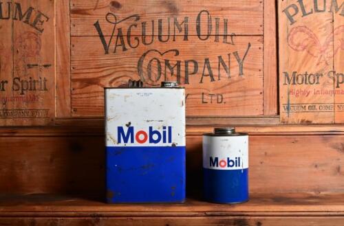 MOBIL: Two circa 1970s Mobil oil tins, a one gallon and 1 litre example