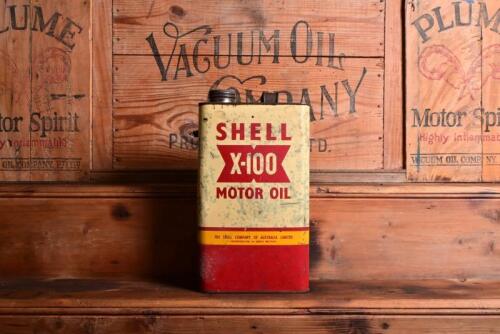 SHELL: A circa 190/50s "Shell X-100 20/20W" one imperial gallon tin