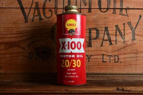 SHELL: A 1960s Australian "Shell X-100 20/30" one quart oil tin