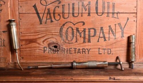 GREASE GUNS: Three early high quality grease guns, largest approx 34cm long (closed)