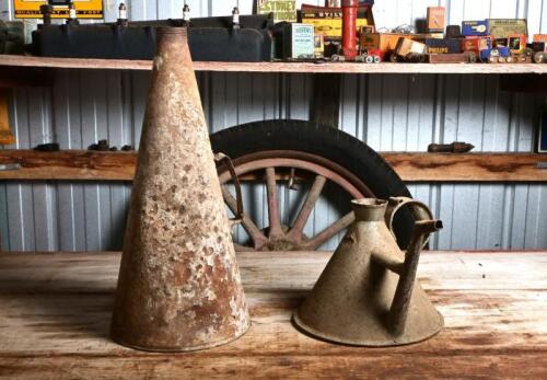 POURER: An early galvanised teapot style metal pourer, 18cm high, and a larger conical form tin, 42cm high