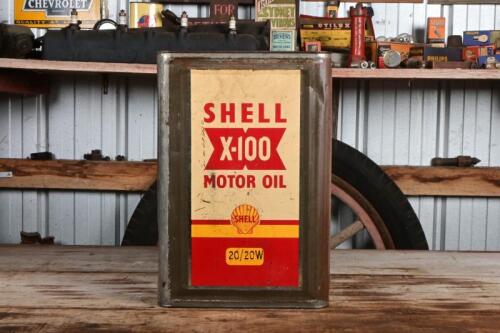 SHELL: An Australian 1950s "Shell X-100 Motor Oil" four imperial gallon tin