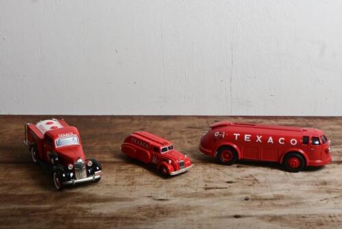 TEXACO: Three various metal Texaco livery commercial trucks, including a Liberty Classics Pickup, Model of Yesteryear 'Airflow' Dodge, and Erty licenced money box