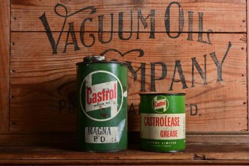 CASTROL: Two circa 1960s Castrol tins, a one pound grease and one quart 'Magna B D' oil with associated 'Poison' lid