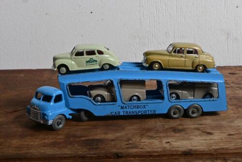 LESNEY: A circa 1950s Lesney Matchbox Car Transporter with four modern vehicles