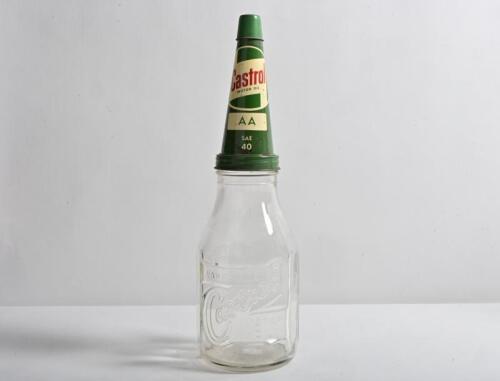 CASTROL: A circa 1940/50s "Castrol Wakefield" embossed one imperial quart oil bottle, with circa 1960s "Castrol AA SEA 40" tin pourer and dust cover