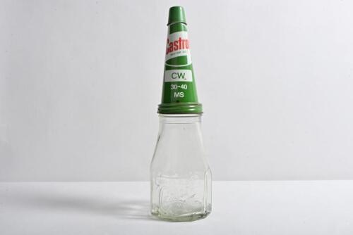 CASTROL: A circa 1940/50s "Castrol Wakefield" embossed one imperial pint oil bottle, with circa 1960s "Castrol CW 30-40 MS" tin pourer and dust cover