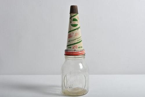 CASTROL: A 1960s "Castrol" embossed one pint oil bottle, with circa 1970/80s "Castroline 10W-20-40 MS20" tin pourer and dust cover