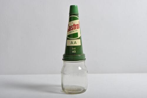CASTROL: A very rare half imperial pint bottle, with circa 1960s "Castrol Motor oil AA SAE 40" tin pourer and dust cover