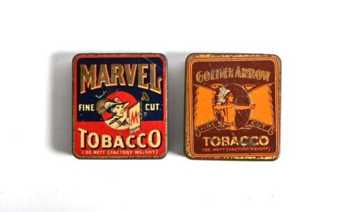 TOBACCO TINS: Two vintage 1 oz tobacco tins, "Golden Arrow Fine Cut Tobacco" and "Marvel Fine Cut Tobacco"