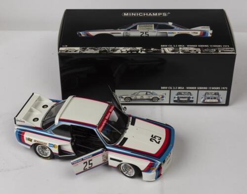 BMW: A NOS 1:18 scale Minichamps BMW 3.5 CSL IMSA Redman/Moffat/Posey #25 1975 Sebring 12 hr Winners "Bavarian Motor Works" die-cast model