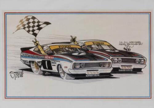 POSTER: A NOS Ford Laminated Poster 30 cm x 21 cm animated "Bathurst 1977 Ford Falcon 1 - 2 Finish"