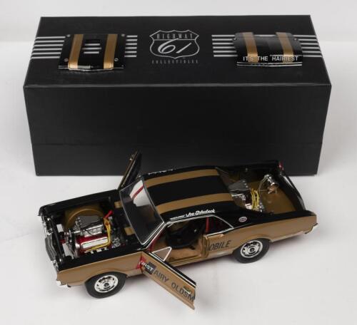 OLDSMOBILE: A NOS 1:18 scale Highway 61 Collectibles Special Edition Oldsmobile 1967 4-4-2 Joe Schubeck's twin engine "Hurst Hairy Olds" die-cast model with opening doors and lift off bonnet & boot panels