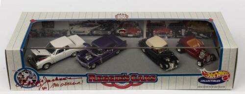 HOT WHEELS: A NOS Hot Wheels 4 car set "Reggie's Cars" comprising 1963 Plymouth 426 Max Wedge/1956 Chevy 210 2-door sedan/1940 Ford Deluxe Convertible/1932 Ford Hi-boy Roadster die-cast models