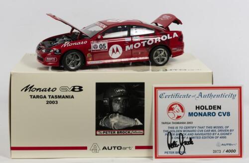 HOLDEN: A NOS 1:18 scale Biante Holden CV8 Monaro "Motorola" Peter Brock/A. Gigney #05 2003 Targa Tasmania die-cast model with signed numbered Certificate of Authenticity