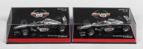 McLAREN: 2 NOS 1:43 scale Minichamps McLaren Mercedes F1 MP4/15 2000 D. Coulthard & MP4/16 2001 M. Hakkinen die-cast models