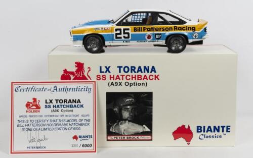 HOLDEN: A NOS 1:18 scale Autoart Holden LX SS A9X Hatchback Torana Peter Brock #25 1977 Bathurst "Bill Patterson" die-cast model with signed numbered Certificate of Authenticity