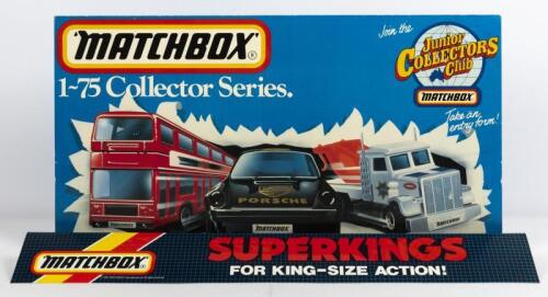 MATCHBOX: Promotional items - Cardboard Sign double sided 1-75 Collector series W54cm x H29cm & Shelf Edge Sign hard durable plastic "Superkings" dated 1983 W54cm x H29cm