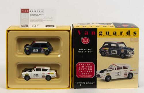 RALLY: A NOS 1:43 scale Vanguards Historic Rally 2-piece set comprising Allardette Anglia #101 & Mini Cooper S #107 die-cast models limited edition with numbered certificate