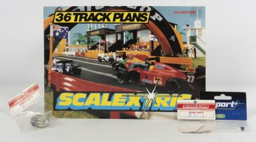 SCALEXTRIC: NOS Scalextric 36 Track Plans 3rd edition and Pick-Up braids, Motor & Motor Pinion Gears