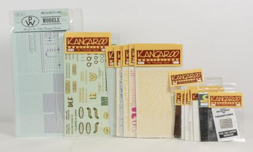 TRUCK DECALS: 16 NOS 1:24/25 scale Kangaroo Truck Decals including Mud Flaps + Weights/Chrome Badges/Truck Names/Lines & Scrolls/Numbers & Place Names