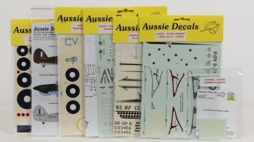 AUSSIE DECALS: 7 NOS Sealed Aussie Decals 1/32 Scale RAAF decals including FA 18 Hornet/Mustang/Hurricane & Roundels