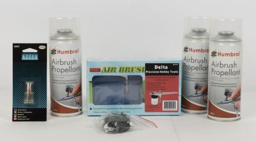 AIR BRUSH: A sealed NOS Delta Double Action Airbrush with Paint Jar & Hose, Aztek Nozzle & 3 Humbrol Airbrush Propellant Cans
