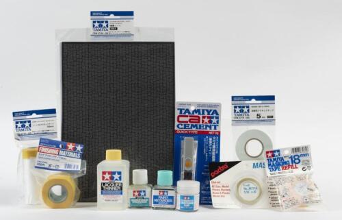 MODELLING ITEMS: NOS Tamiya Modelling Items Diorama Sheet/Thinner/Retarder/Primer/Brush Fluid/CA Cement & Masking Tapes - Qty Approx 11 items