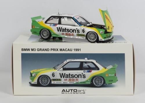 BMW: A NOS 1:18 scale Autoart BMW M3 Grand Prix Macau #6 Pirro 1991 "Watson's"die-cast model
