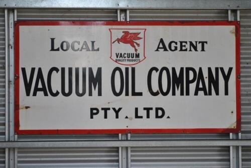 VACUUM: An large early 'Local Agent Vacuum Oil Company Pty Ltd" enamelled sign, paint touch ups, approx 91cm high, 182cm wide