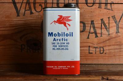 MOBILOIL: A circa 1950s "Mobiloil Arctic SAE 20-20W HD" one imperial quart oil tin with embossed pegasus lid