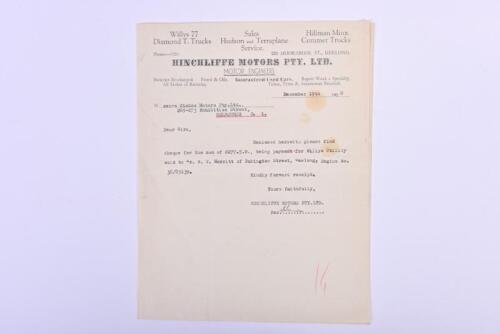WILLYS: An interesting and original set of documents pertaining the purchase chain of a Willys Utility from HINCHLIFFE MOTORS PTY.LTD - MOTOR ENGINEERS. Circa 1938/1939