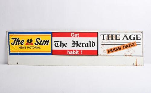 NEWSPAPERS: A milk bar or newsagents tin sign with sticker for "The Sun", "The Harald" and "The Age", 23 x 92cm