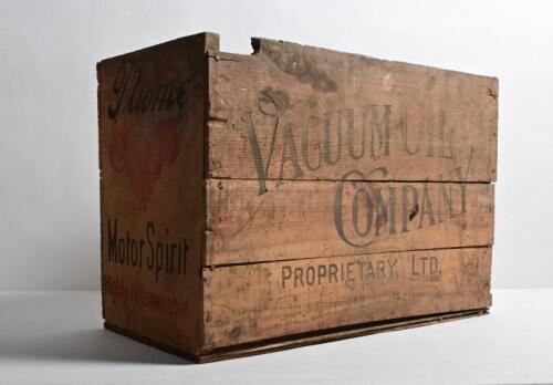 VACUUM OIL CO: An early Australian "Vacuum Oil Company" wooden oil tin box with "Plume Motor Spirit" to the sides, 37cm high, 53cm wide, 26cm deep VACUUM OIL CO: An early Australian "Vacuum Oil Company" wooden oil tin box with "Plume Motor Spirit" to 