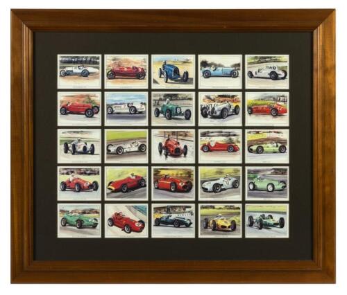 GRAND PRIX: A complete window framed set (1-25) of "Grand Prix, the Early Years" collectors cards featuring grand prix cars from 1920 to 1962, framed and glazed, 50 x 59cm