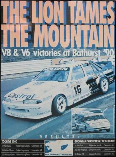 COMMODORE V8: A large Holden Motor Sport poster - 'THE LION TAMES THE MOUNTAIN' - depicting Win Percy/Alan Grice driving a Holden Commodore V8 to victory at Bathurst 1990