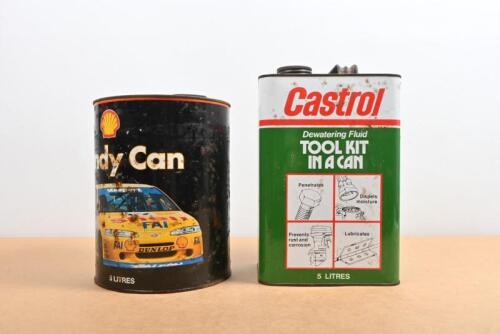OIL TINS: Two modern five litre oil tins, comprising a&nbsp;Castrol "Tool Kit in a Can"&nbsp;tin and a Shell "Handy Can" tin