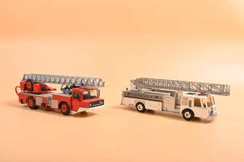 FIRE ENGINES: Two Fire Engines in 1:50 scale. CONRAD #5506 E-ONE aerial ladder truck in white & GAMA MAGIRUS-DEUTZ DL 23-12 Fire Engine/ Aerial Rescue Ladder