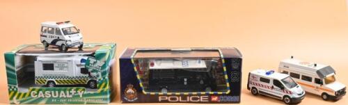 EMERGENCY VANS: A group of five 1:43 scale emergency van models. Limited Edition CORGI BENZ 310 POLICE VAN (Police Tactical Unit) in Hong Kong Police livery (CC02202) & 'CASUALTY' van in 'HOLBY AMBULANCE SERVICE' livery by RICHMOND TOYS