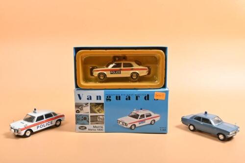 ENGLISH POLICE CARS: Three 1:43 Lledo Collectibles Vanguards English Police car models. Boxed Morris Marina 1800 in Essex Police livery (VA06302)