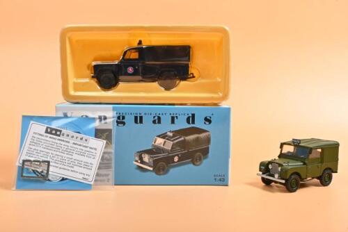 LAND ROVER: Two 1:43 scale Lledo Vanguards Land Rover models. Boxed Limited Edition Land Rover LWB Series 2 in Kent Constabulary livery (VA07601) & Series 1 Army Police Land Rover