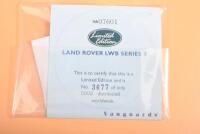 LAND ROVER: Two 1:43 scale Lledo Vanguards Land Rover models. Boxed Limited Edition Land Rover LWB Series 2 in Kent Constabulary livery (VA07601) & Series 1 Army Police Land Rover - 3