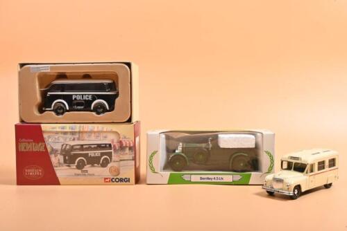 CORGI: Three Corgi models. CORGI Collection HERITAGE Peugeot D3A - POLICE in black and white 'POLICE' livery (EX70618) & Mobil Performance Car Collection Bentley 4.5 Ltr