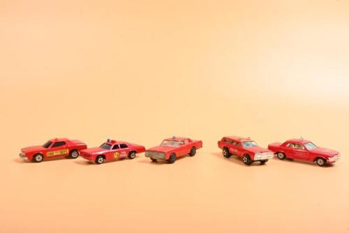 FIRE CHIEF: A group of five FIRE CHIEF 1:64 scale diecast models in red. Various model manufacturers including CORGI, Matchbox, Playart