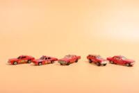FIRE CHIEF: A group of five FIRE CHIEF 1:64 scale diecast models in red. Various model manufacturers including CORGI, Matchbox, Playart