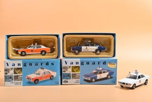 FORD CONSUL: Three 1:43 scale Lledo Vanguards Ford Consul English Police models. Limited Edition Ford Consul in 'CITY OF GLASGOW DIVISIONAL RESPONSE CAR' livery. Numbered 1528/2800. With Ford Consul 3000 GT in LANCASHIRE CONSTABULARY livery (VA55000)
